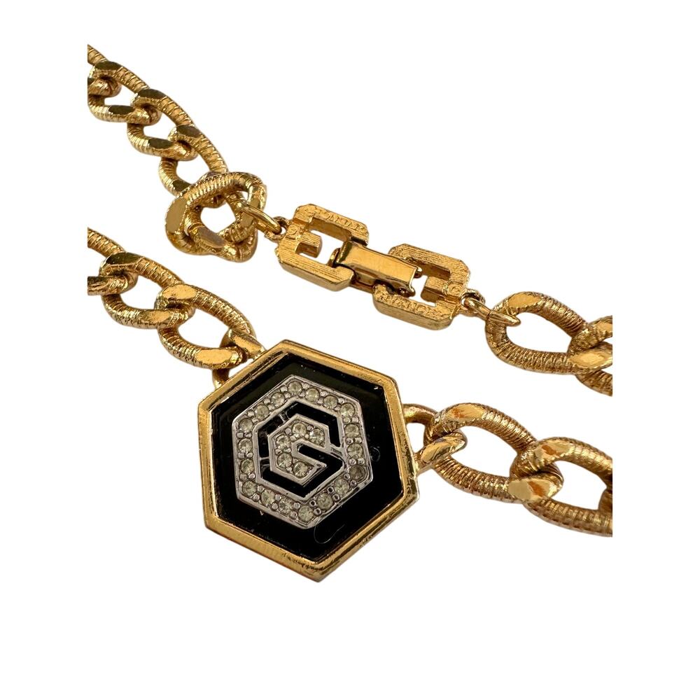 Givenchy Necklace with "G" in Hexagonal Pendant of Black Enamel and Rhinestones - Picture 2 of 15